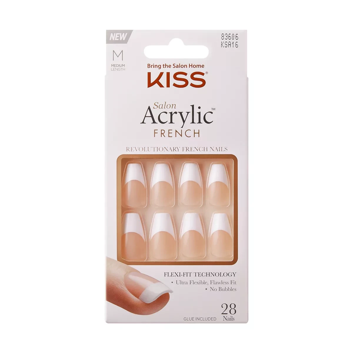 Kiss False Nails KSA16 Salon Acrylic French Medium 28 Count